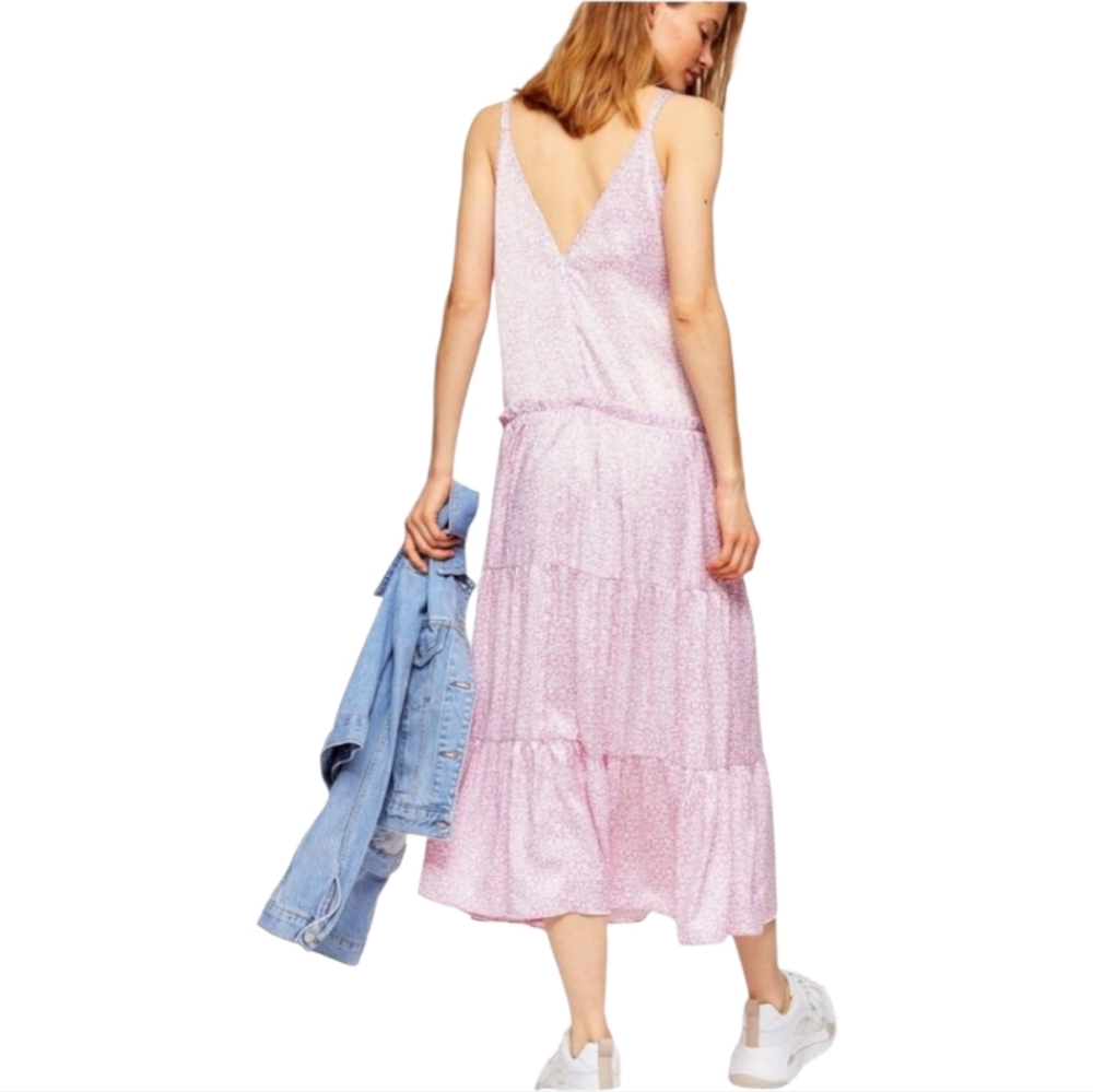 Topshop Pink Tiered Midi Skirt Flowy  A-line W/Adjustable Straps Back Zipper NWT